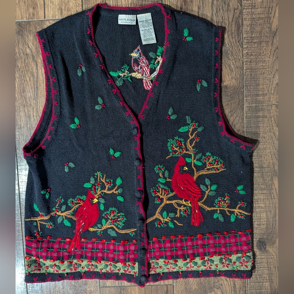 White Stag Womens Plus Holiday Christmas Sweater Button Down Vest Robins 18W/20W